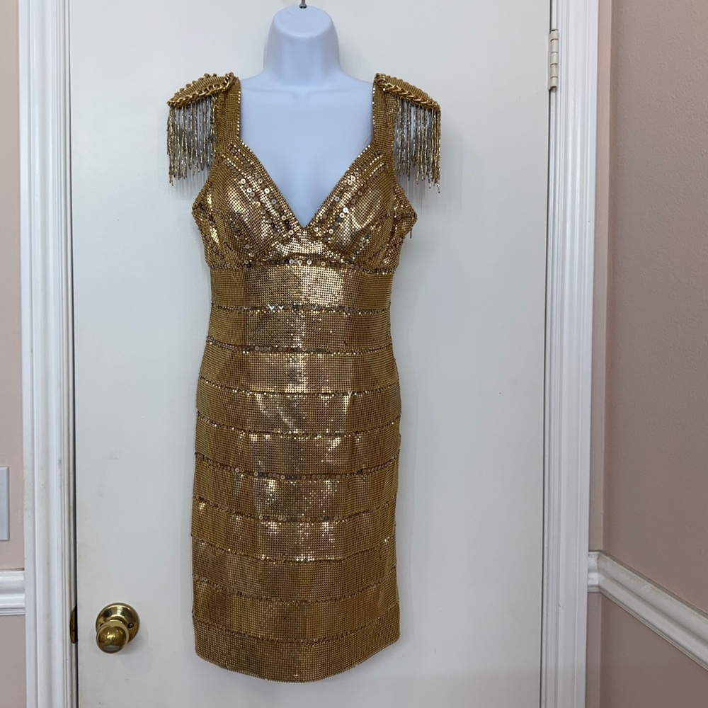 BASIX BLACK LABEL Women Gold Sequin Dress with Fringe Shoulders, Size 4, NEW